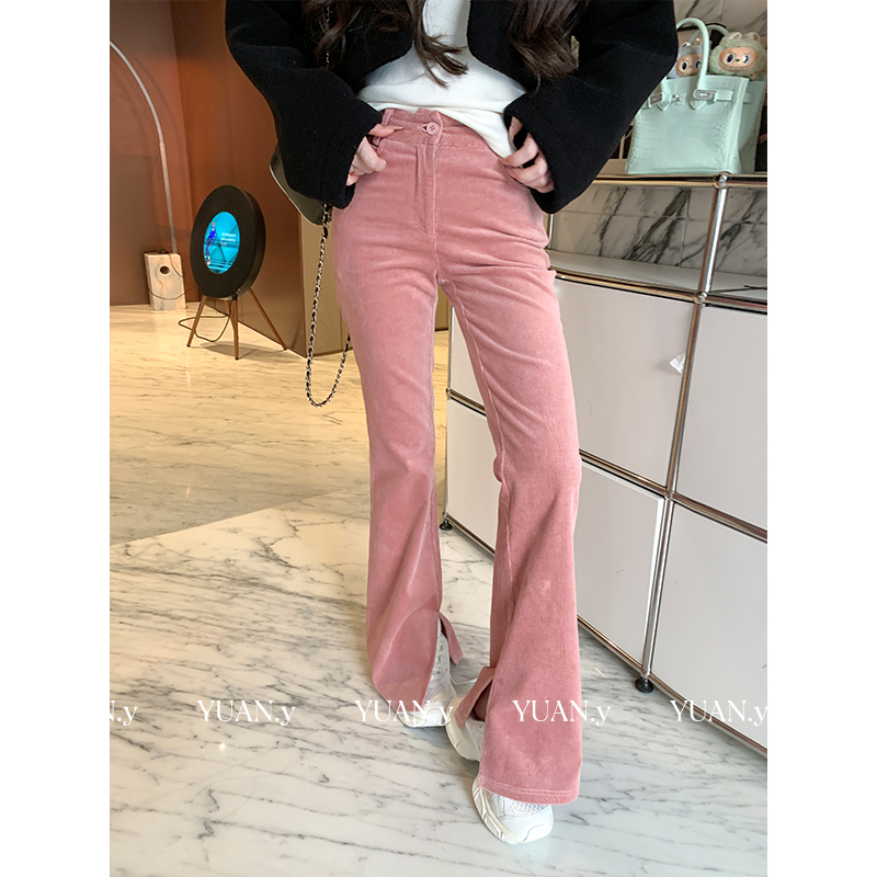媛媛【开心粉粉】复古显瘦粉色灯芯绒微喇叭休闲裤显瘦长裤女#K1259