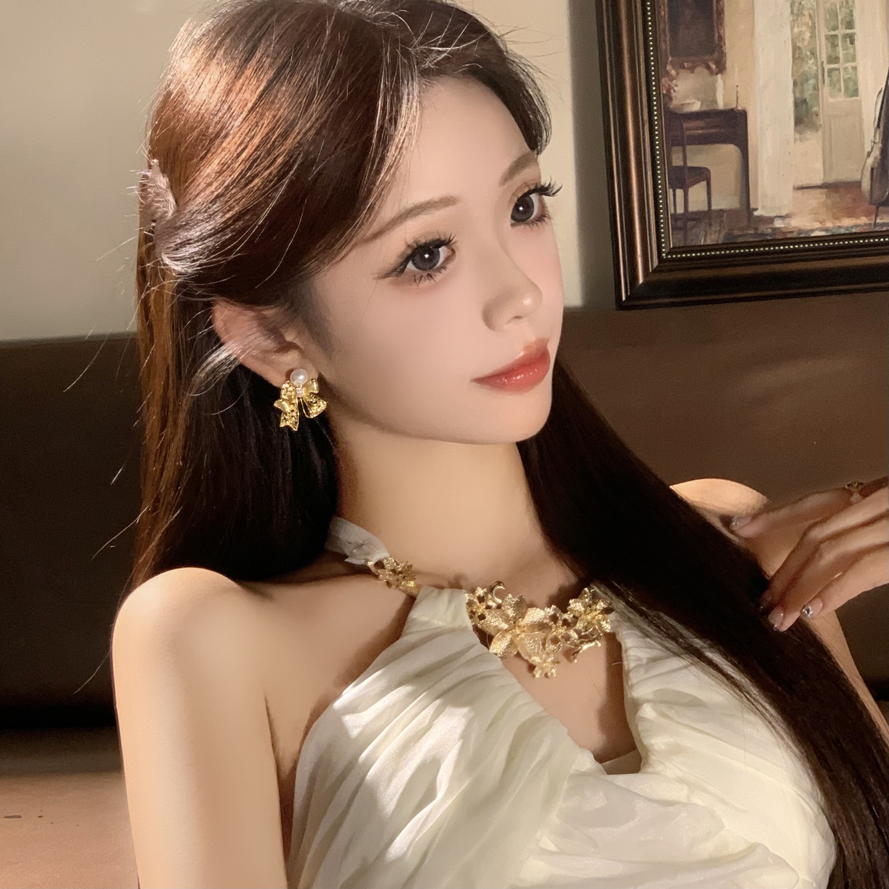 FULL GIRLISH耳环02593金色蝴蝶结耳钉耳饰女