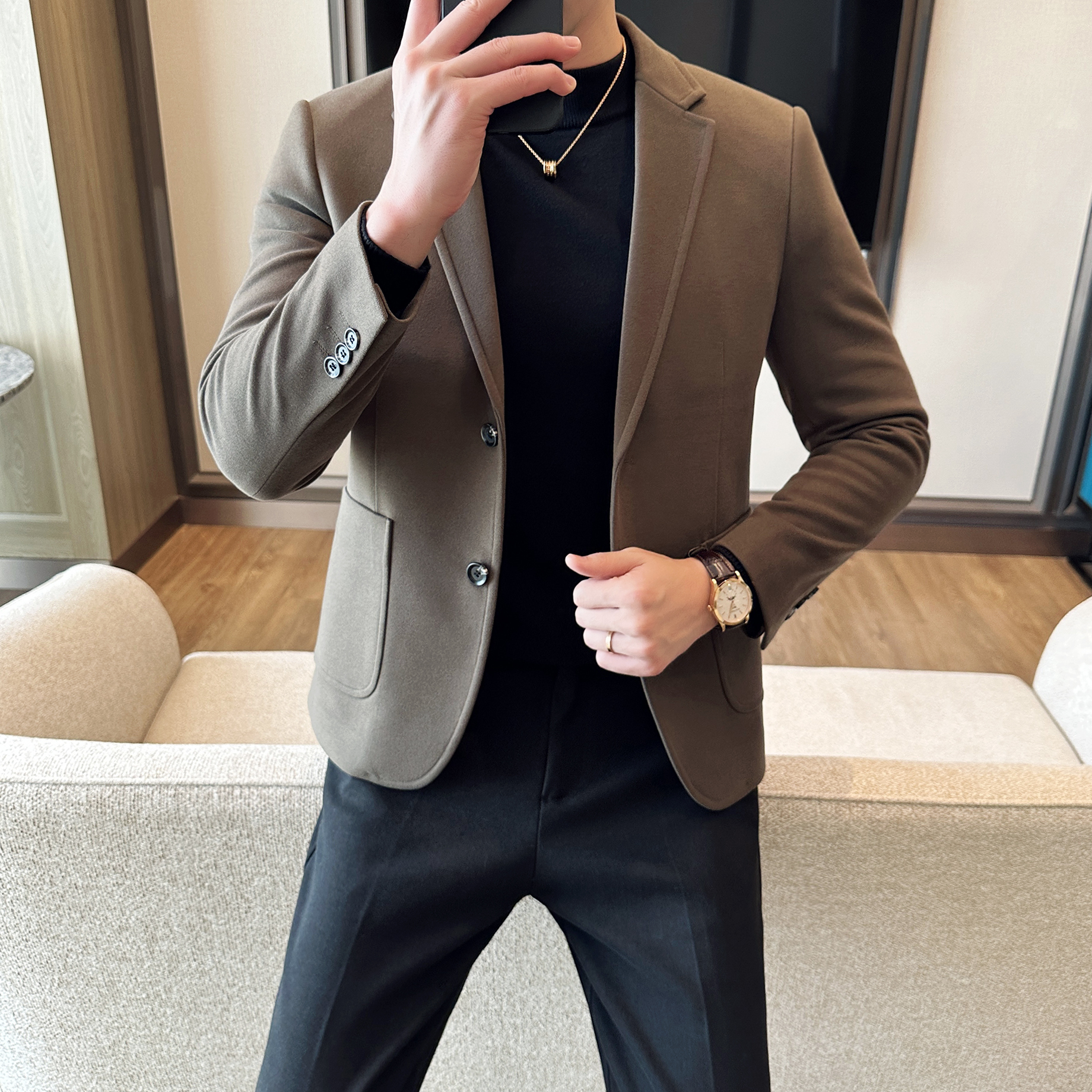 男士西服秋冬季潮流韩版男士毛呢西服修身外套男两粒扣帅气西装男