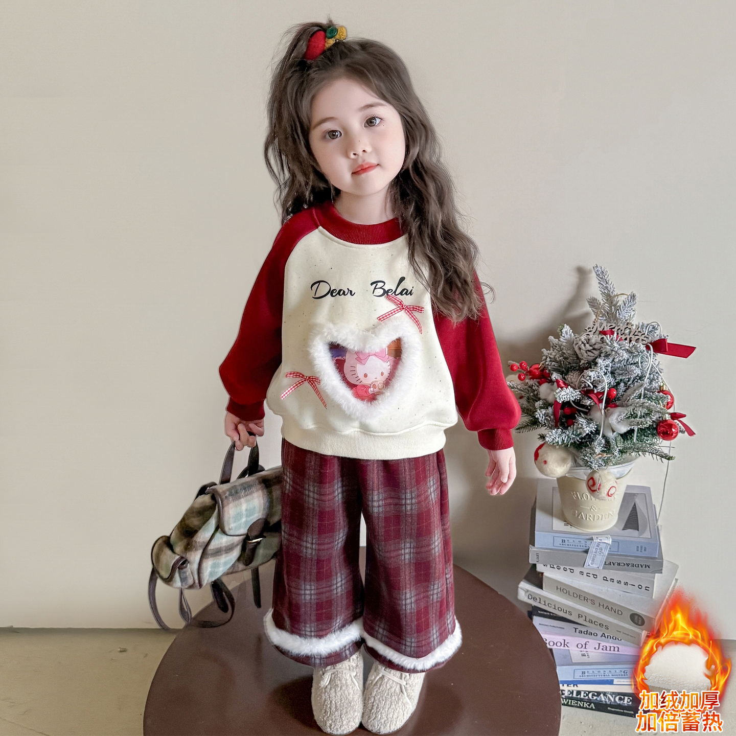 6岁女童加绒加厚套装卫衣套装秋冬新款洋气韩版女宝宝格子休闲裤