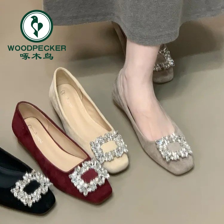啄木鸟法式方头水钻方扣粗跟单鞋配裙子2025秋季新款通勤低跟鞋女