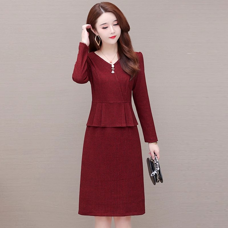 喜婆婆婚宴装礼服广州十三行红色长袖连衣裙假两件套装女春秋妈妈