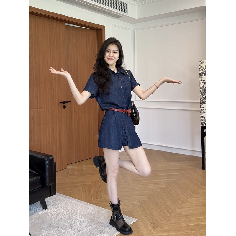 张阿星【胶片记忆】莱赛尔港风撞色复古牛仔衬衫遮肉裙裤W425A09486