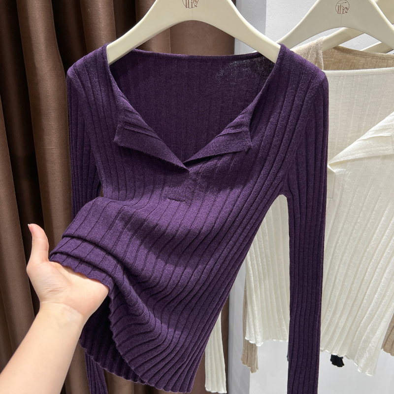 紫色超好看半开翻领长袖针织上衣女秋季新款洋气减龄套头打底衫潮