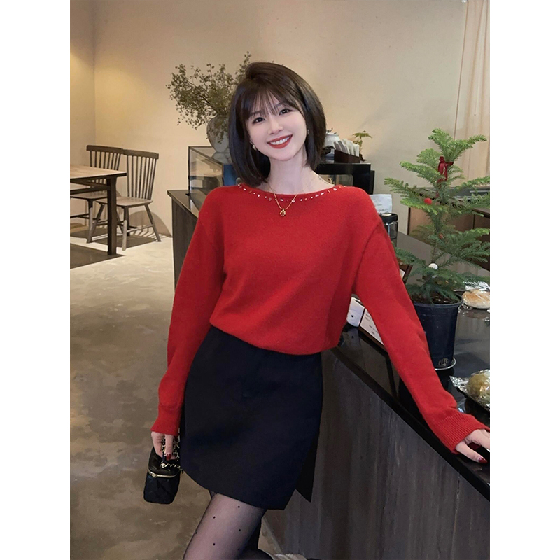 慵懒风通勤圣诞红色圆领长袖针织衫女冬季高腰休闲半身裙套装1278
