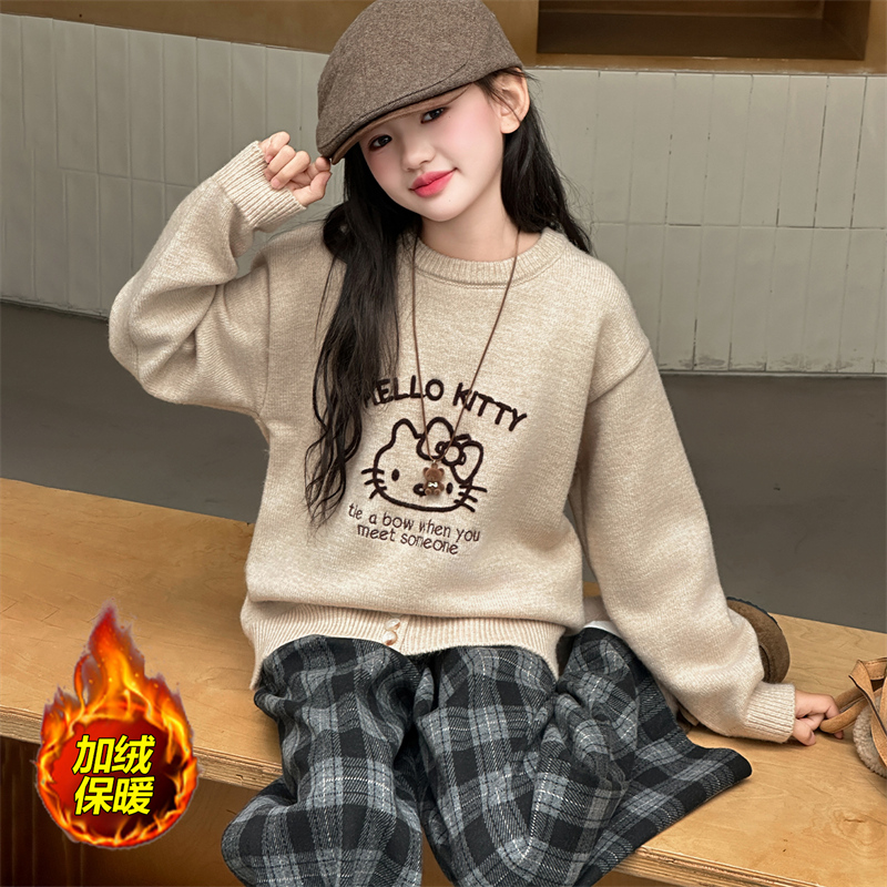 女童毛衣套装春秋季2025新款洋气女孩卡通针织衫儿童格子裤秋冬潮