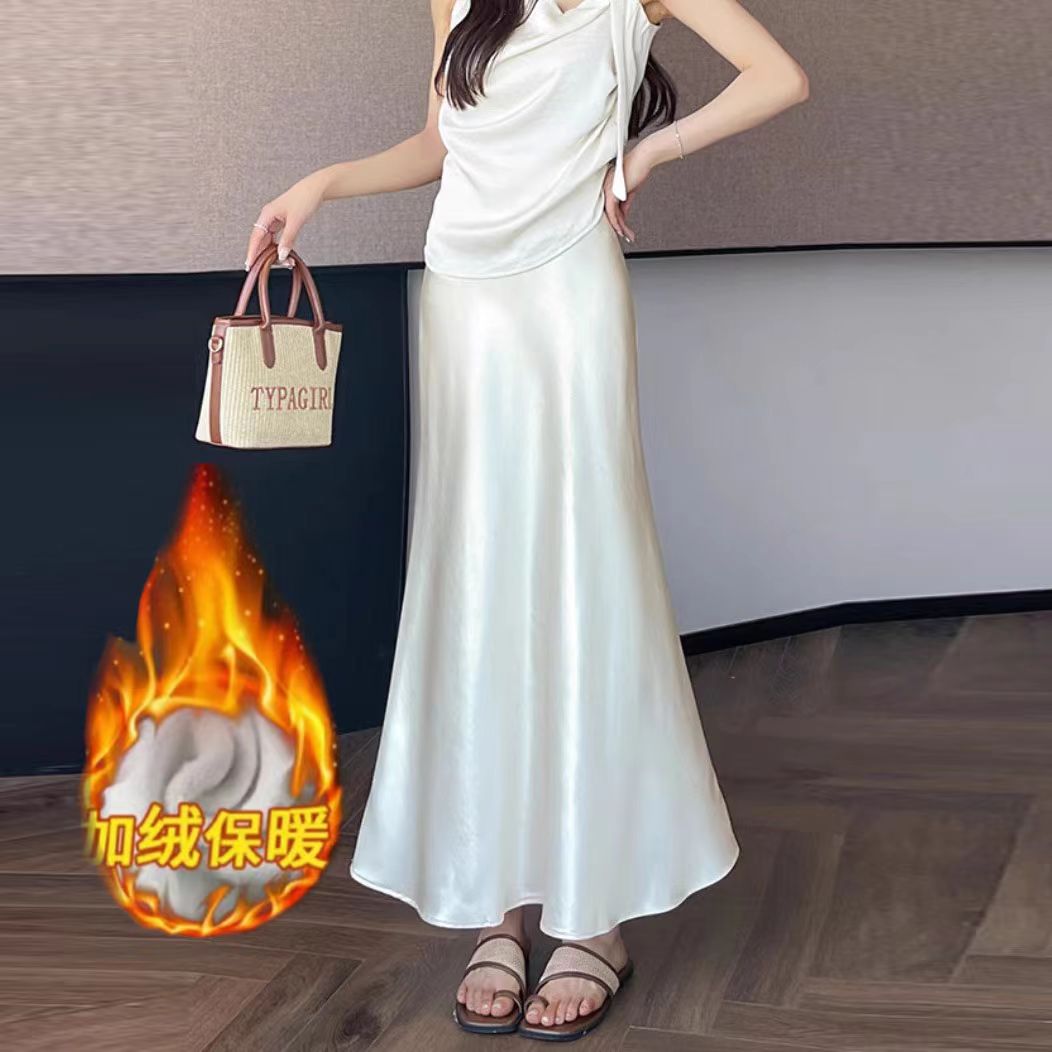 新款珠光缎面加绒鱼尾半身裙女冬季高腰垂感百搭显瘦半身a字裙380