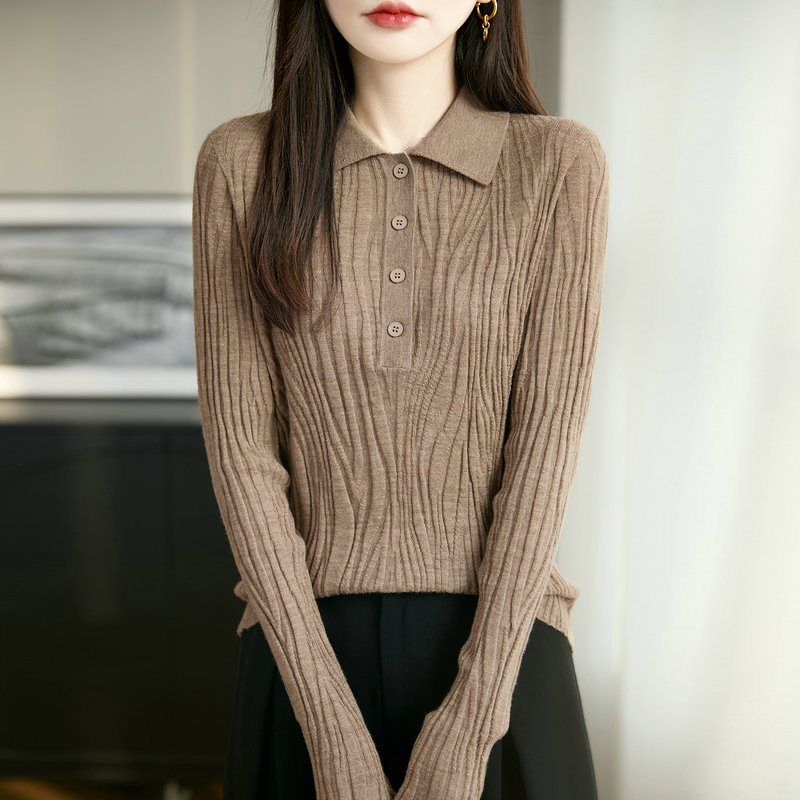 品牌秋冬新款韩系水波纹polo领长袖针织衫气质简约修身显瘦羊毛衫