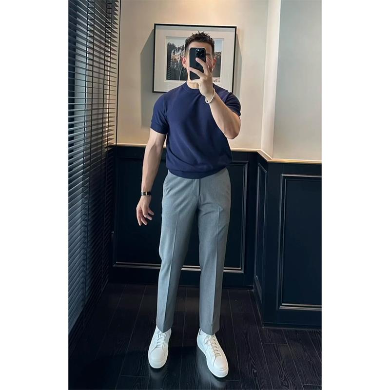 男士纯色修身垂感西裤2025秋季薄款九分直筒裤新款休闲百搭西装裤