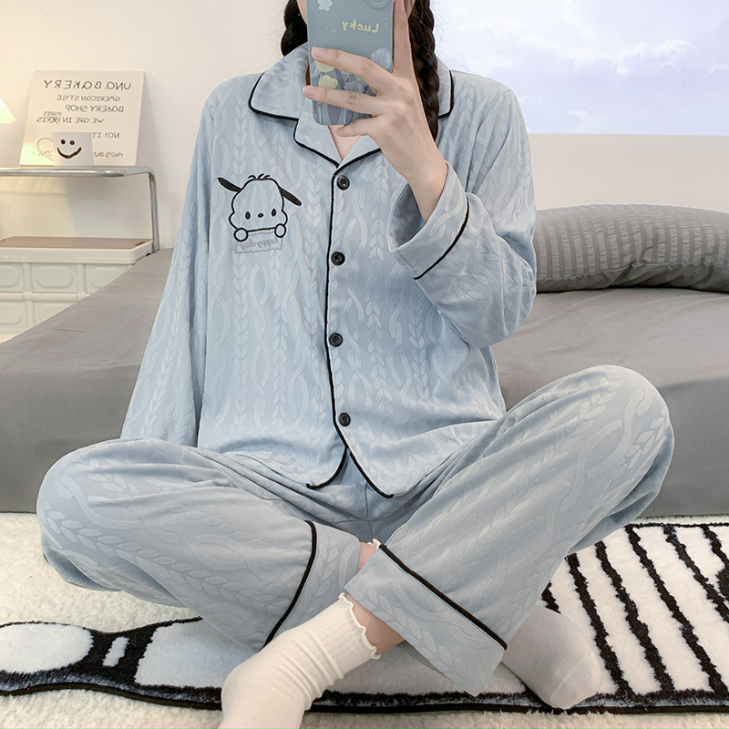 300斤睡衣女秋季帕恰狗大码提花套装胖mm短袖长裤开衫家居服200斤