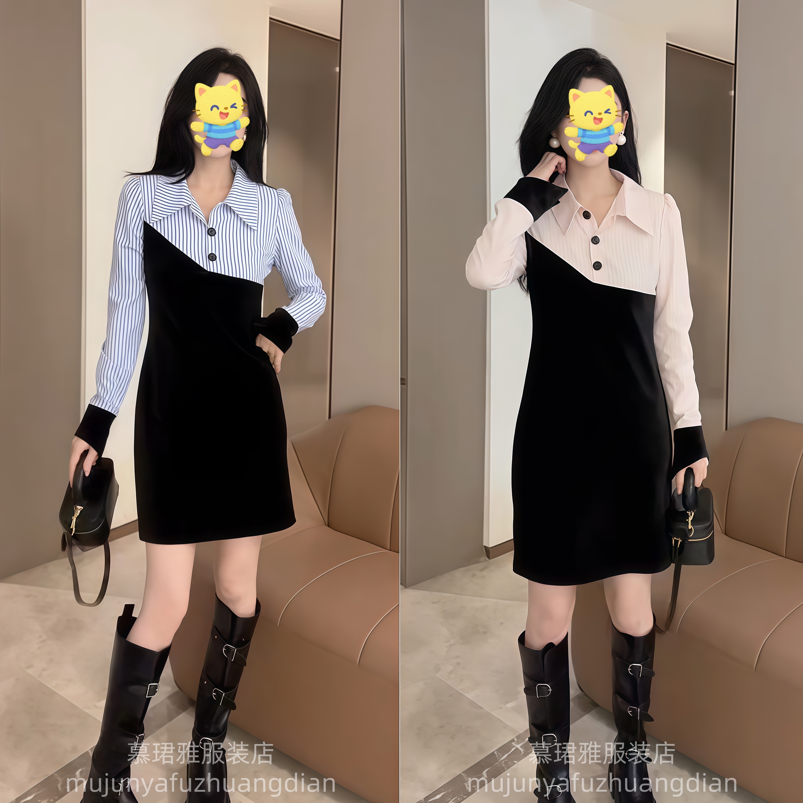 2025服饰通勤拼接撞色条纹连衣裙显瘦