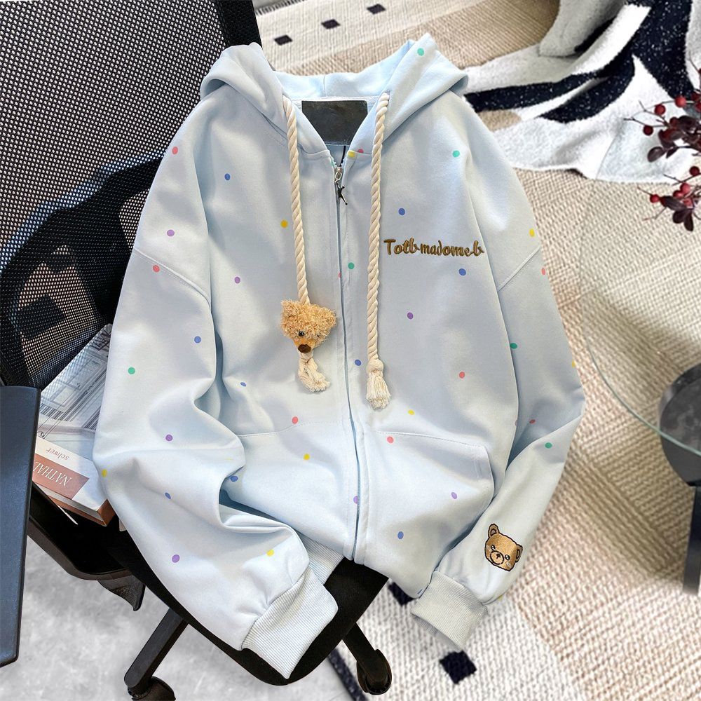 大码300斤韩系波点立体卡通开衫连帽卫衣男女宽松情侣学院风外套