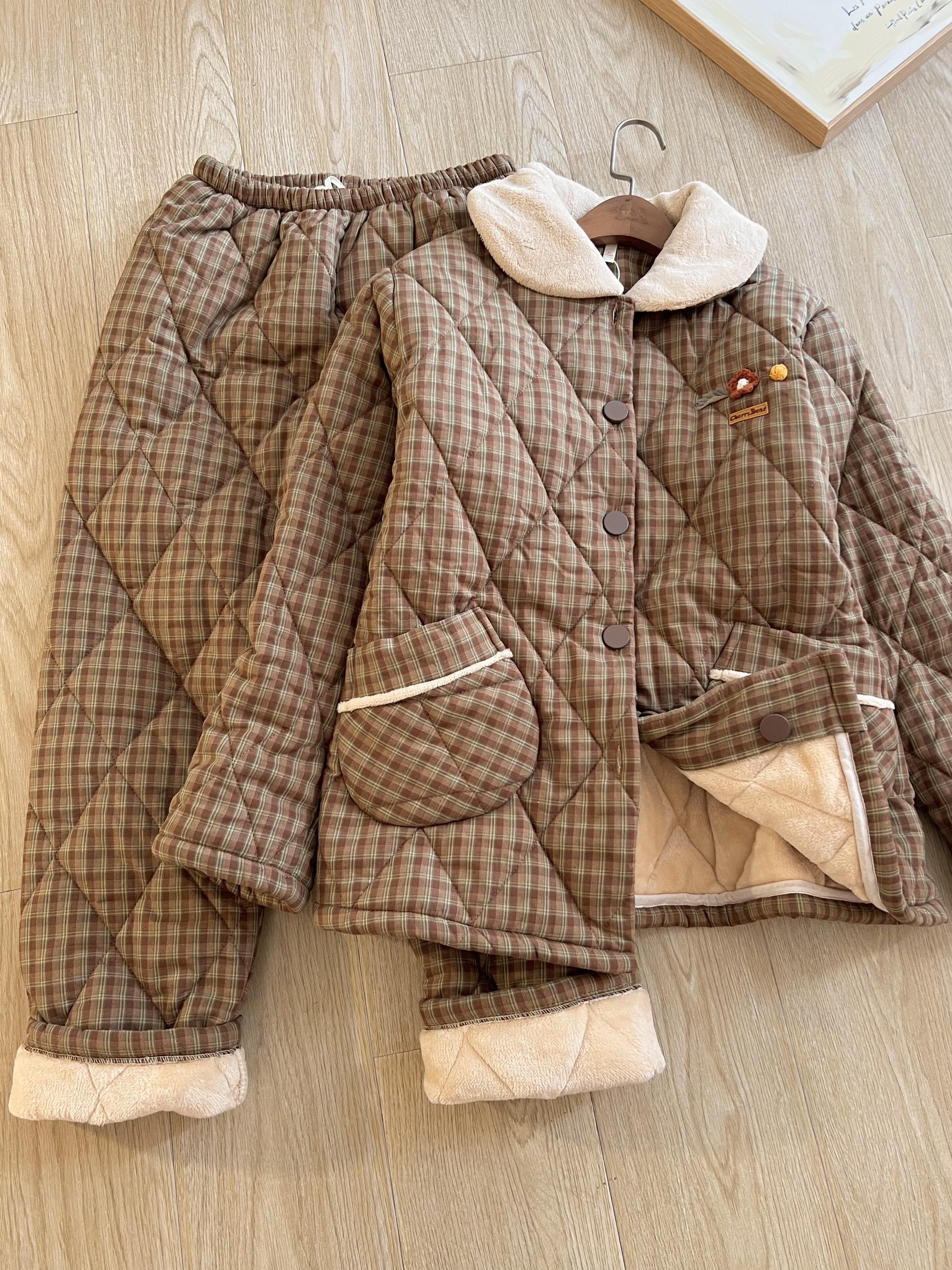 韩版格纹高级感加绒加厚夹棉睡衣女秋冬新款保暖家居服套装可外穿