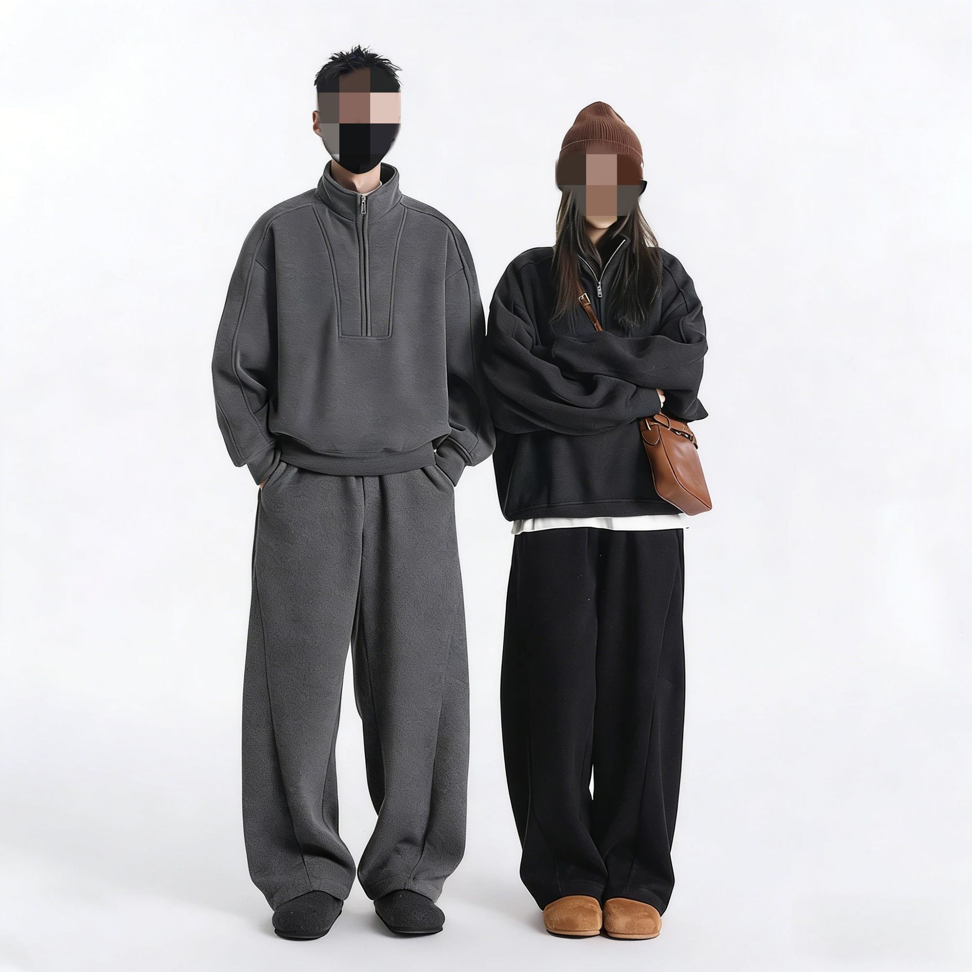 『伴暖』冬季重磅双流纺毛圈布半高领加绒百搭韩版保暖卫衣套装男