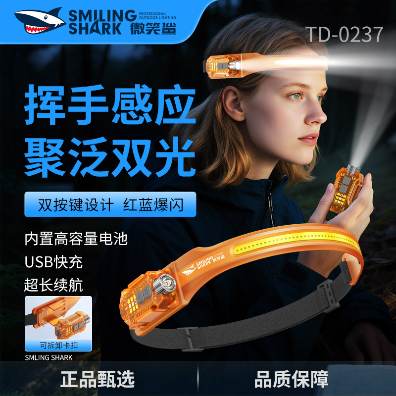 微笑鲨0237大容量高亮度超长续航充电感应头灯夜钓骑行户外头戴式