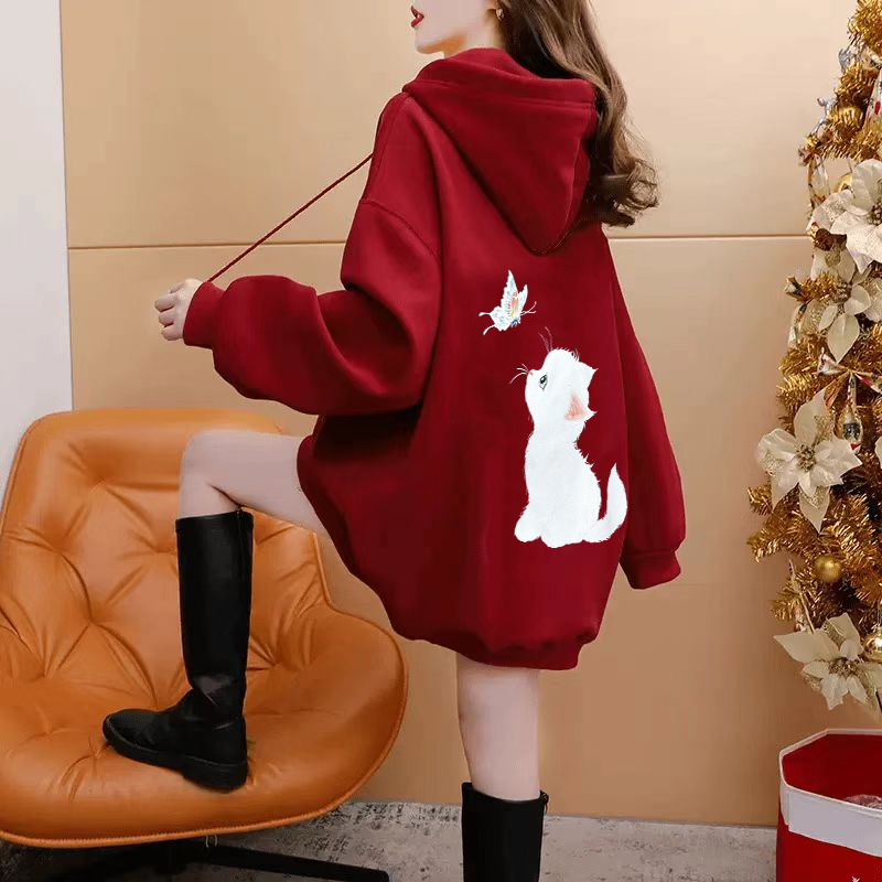 酒红色卡通猫咪连帽卫衣女2025秋冬新款爆款洋气减龄休闲加绒外套