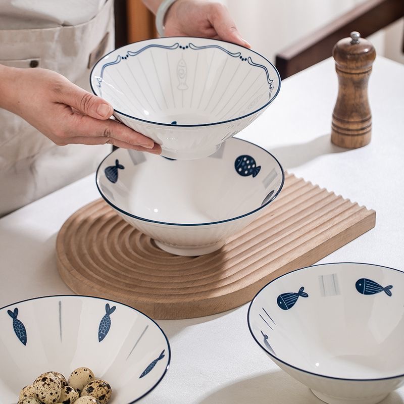 【佰陶匠】4只小鱼8英寸斗笠碗家用陶瓷餐具面碗汤碗卡通陶瓷餐具