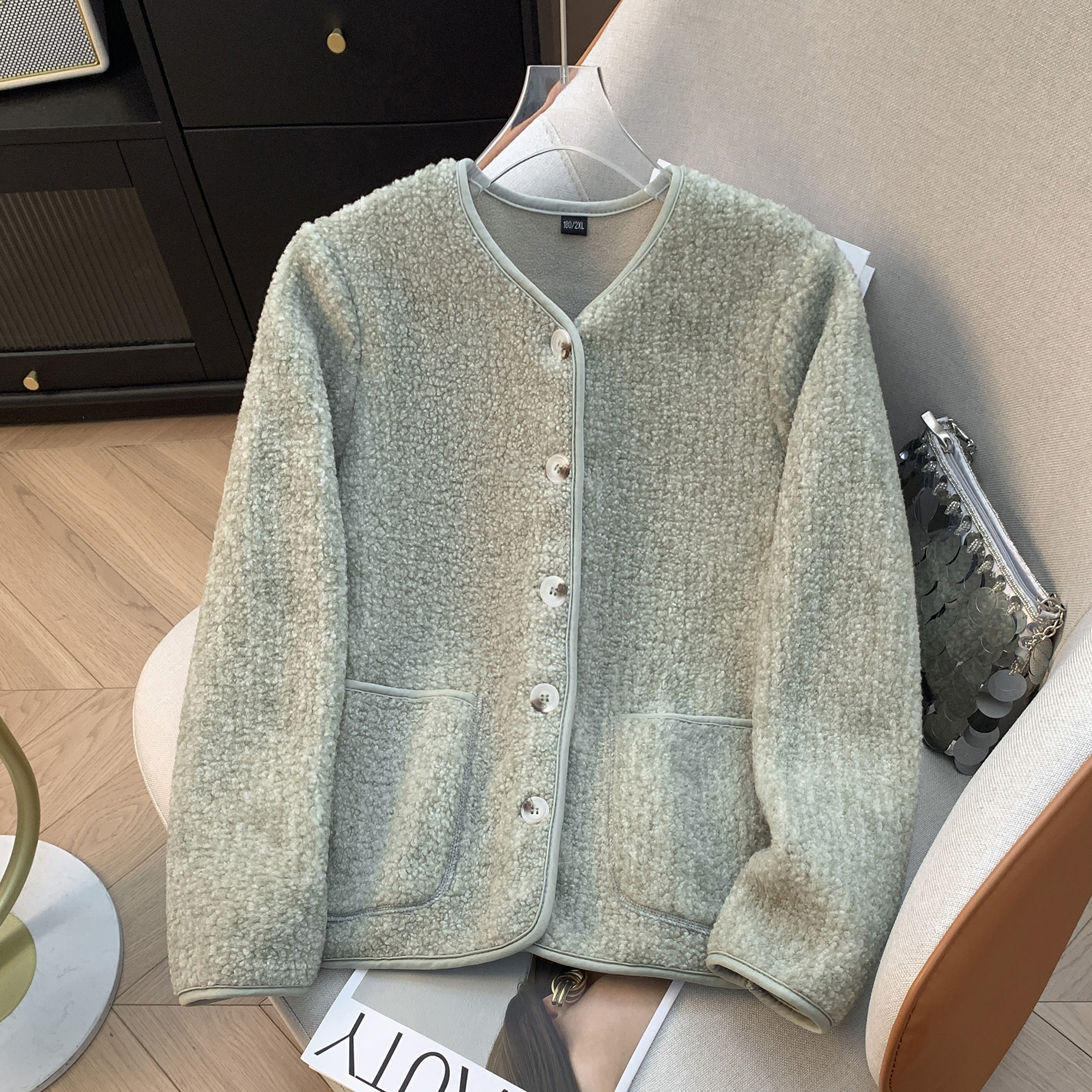 韩版显瘦短款秋冬长袖圆领仿羊羔绒摇粒绒保暖外套#5808