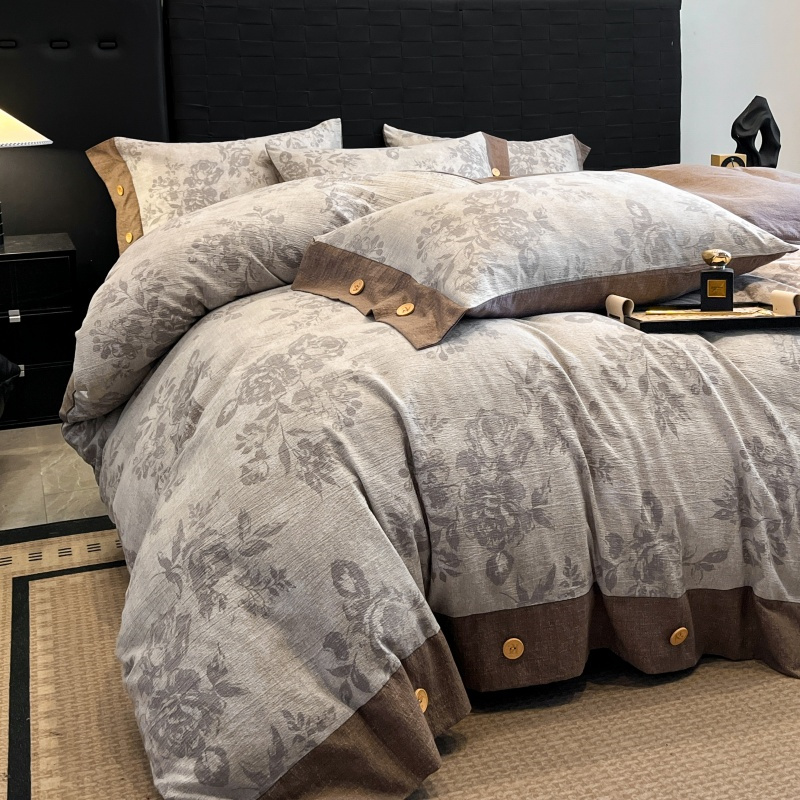 法式复古A类原麻纽扣款四件套单双人印花加厚秋冬被套床上用品