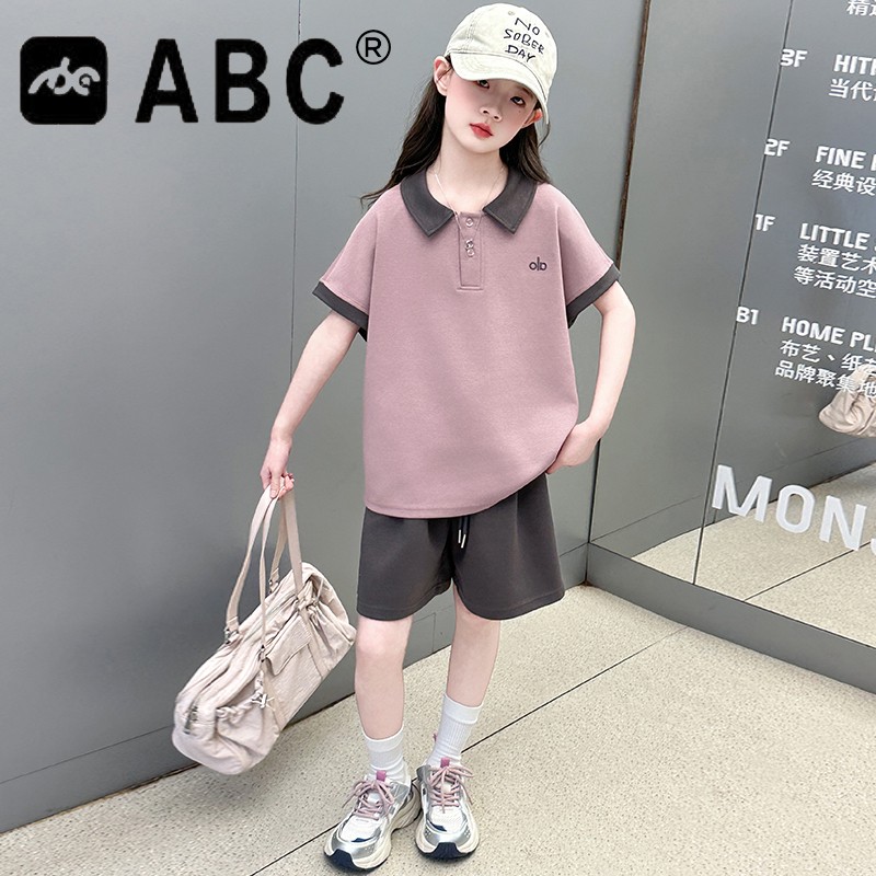 ABC女童夏季套装新款小女孩洋气短袖短裤中大童休闲t恤两件套夏t
