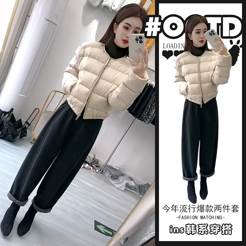 2025秋冬韩版气质保暖气质棉服外套高腰遮胯裤子日常穿搭两件套潮