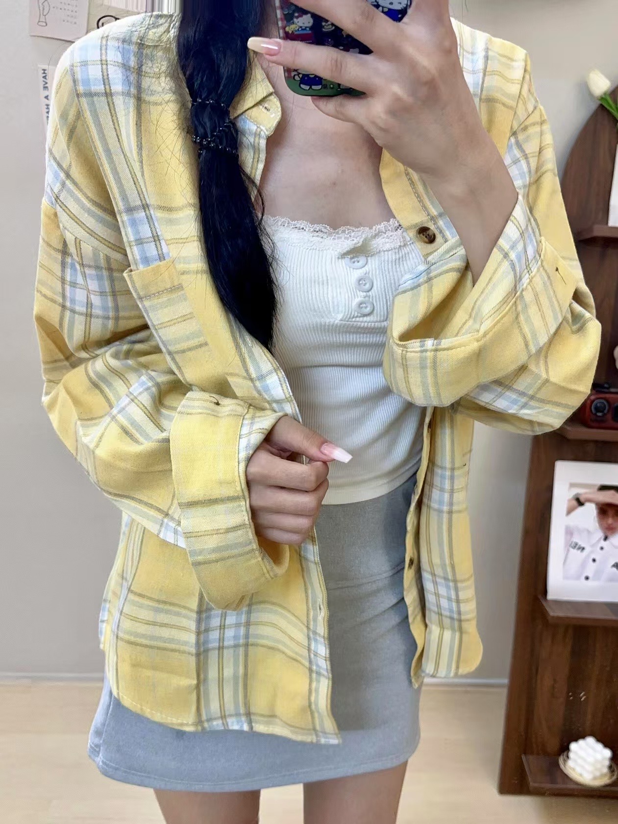盐系长袖格子纯棉衬衫女2025春秋新款宽松系内搭打底上衣外套衬衣