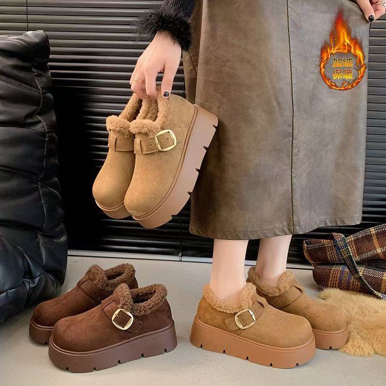 牛皮勃肯鞋女冬季加绒保暖搭子厚底一脚蹬毛毛鞋W-77