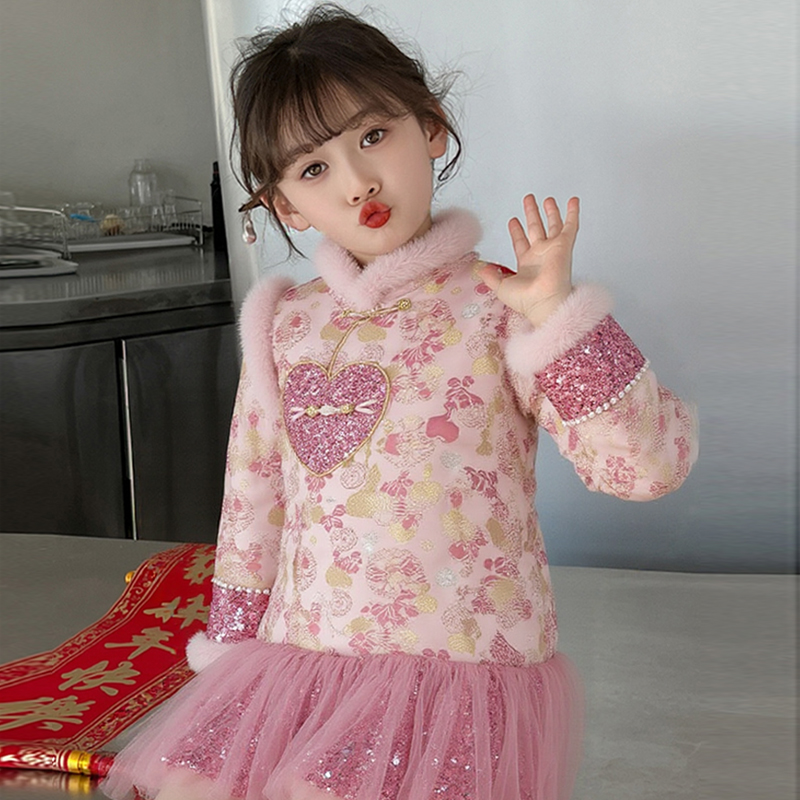 女童夹棉旗袍裙冬2025新款儿童国风织锦拜年服花苞亮片公主连衣裙