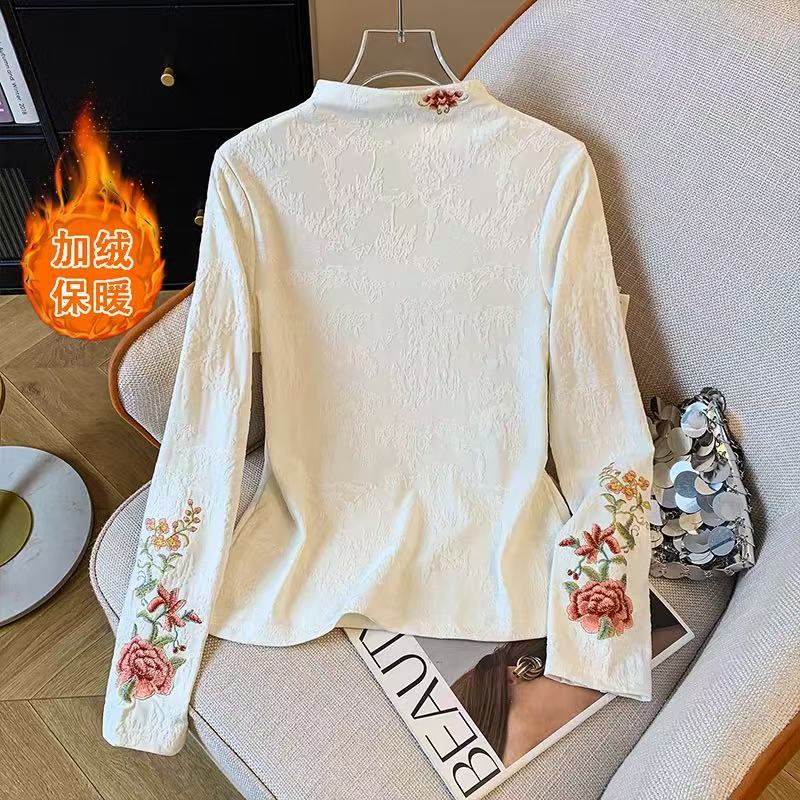 云裳半高领~加绒国风织锦棉刺绣牡丹时尚气质百搭长袖打底衫596
