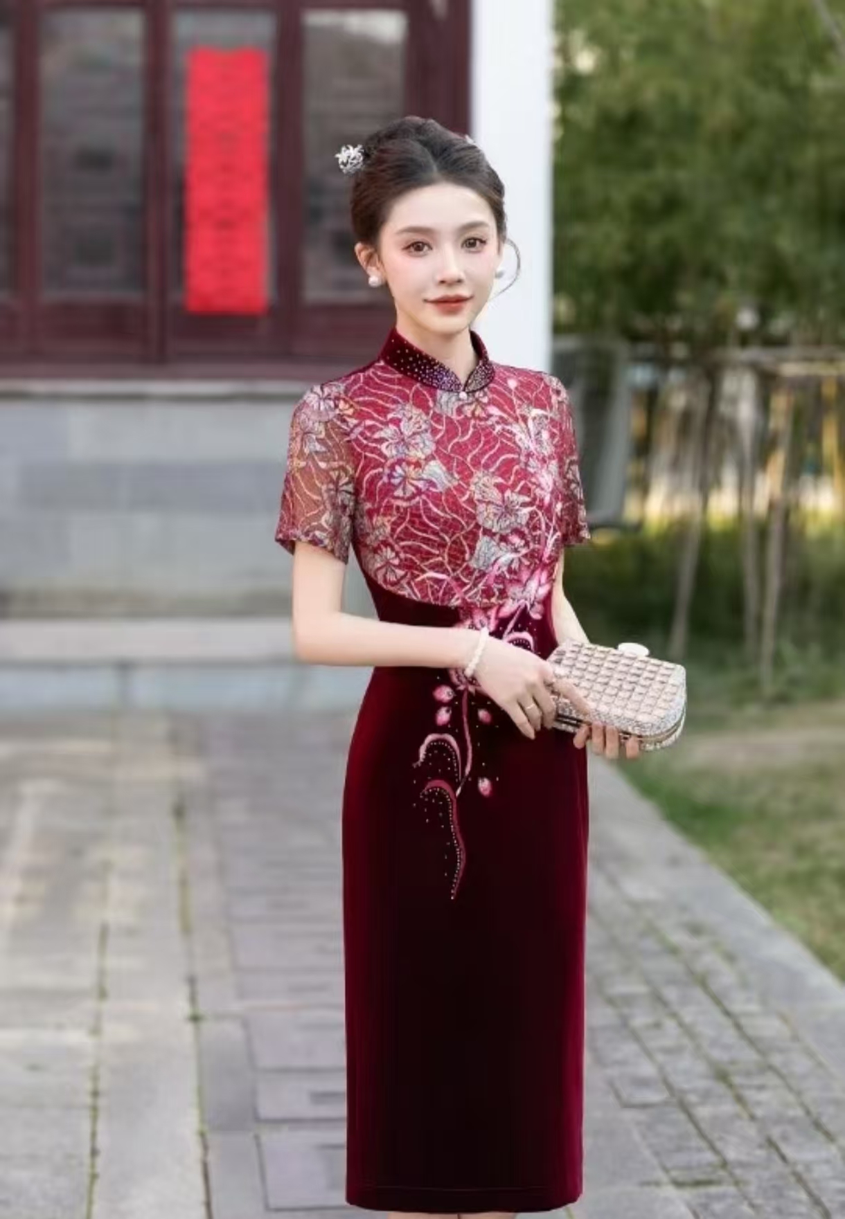 【如意江南】中国风丝绒刺绣旗袍气质修身显瘦复古中长款