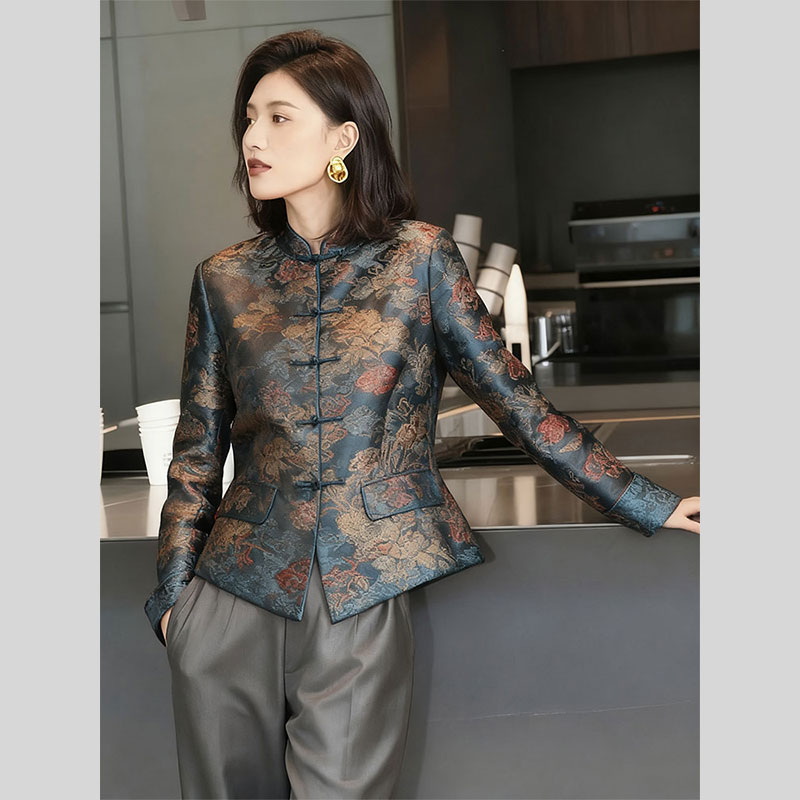 2025秋冬新中式女装禅意国风宋锦提花外套女洋气唐装复古盘扣上衣