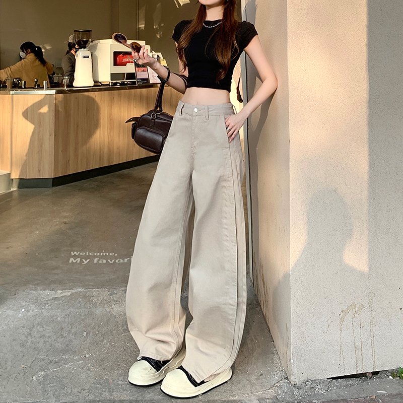 莫兰迪灰拼接弯刀牛仔裤女秋季新款高腰宽松显瘦老钱风垂感拖地裤