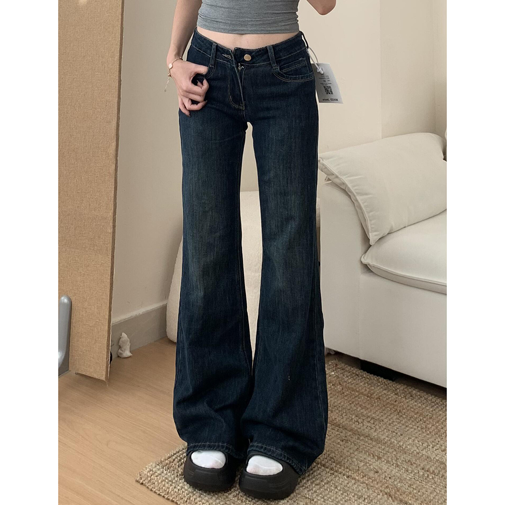 复古微喇叭中低腰牛仔裤女秋新款设计感美式辣妹修身显瘦直筒裤子