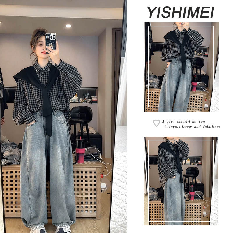 秋季超火2025今年流行学院风休闲格子披肩长袖衬衫阔腿牛仔裤套装