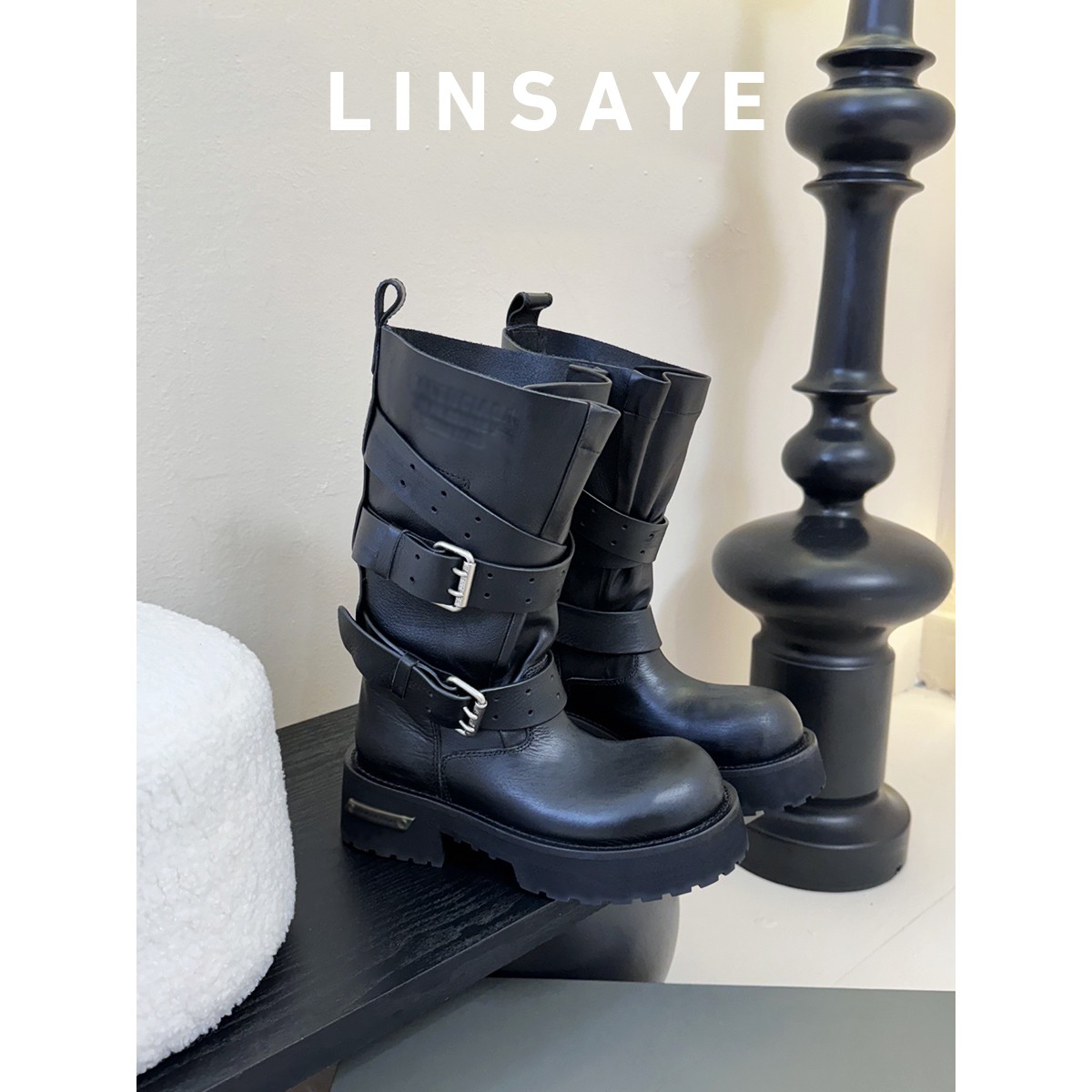 小牛皮版~大头马丁靴女皮带暗黑工装靴子机车靴毒液高筒骑士靴