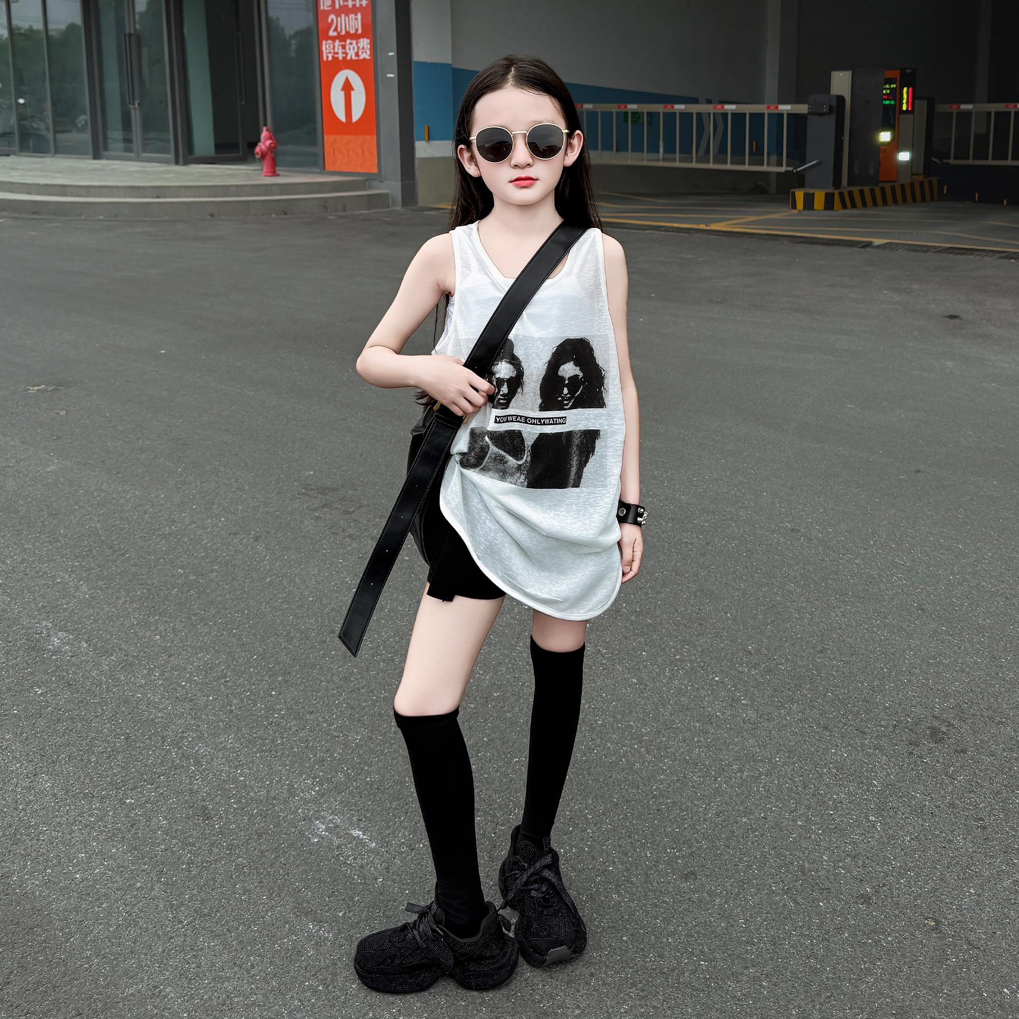 女童夏季2025新款韩版洋气宽松休闲酷飒风中长百搭背心短裤套装潮