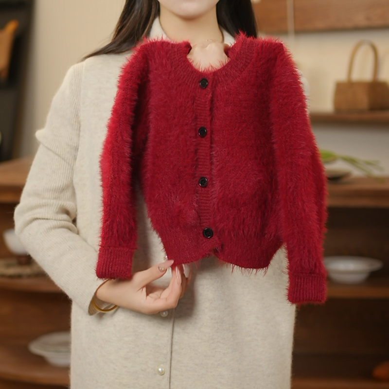 rt2532气质红色拉毛长毛绒软糯毛衣开衫2025秋冬短款外套