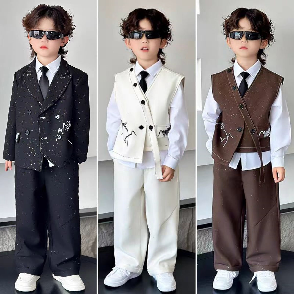 儿童西装套装男童休闲走秀小礼服男孩秋冬加绒加厚亮闪闪西服帅气