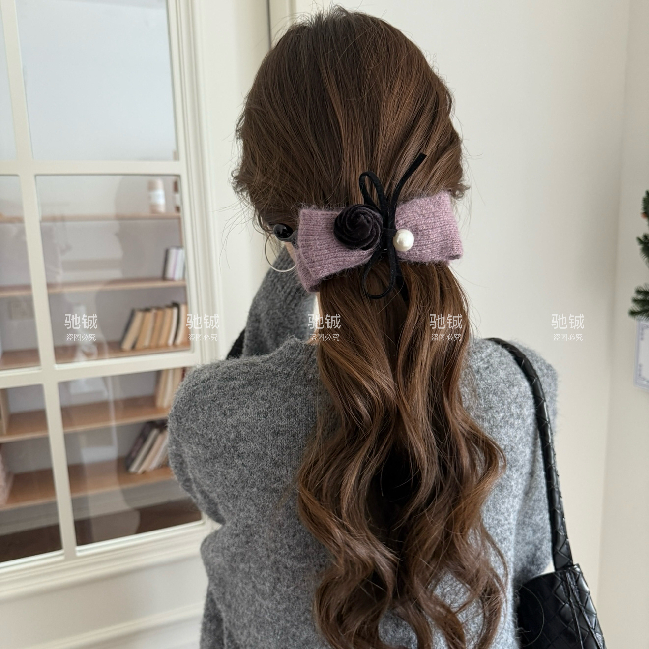 优雅玫瑰～韩系针织蝴蝶结香蕉夹秋冬高马尾竖夹后脑勺盘发大抓夹