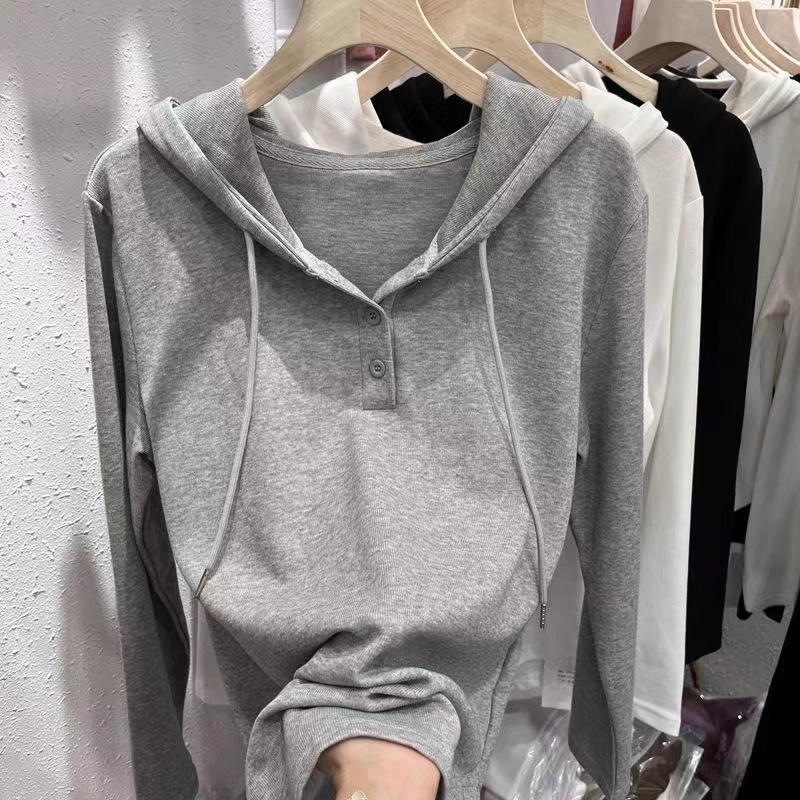 春秋季新款连帽T恤打底衫女士短款休闲百搭修身显瘦纽扣抽绳上衣T
