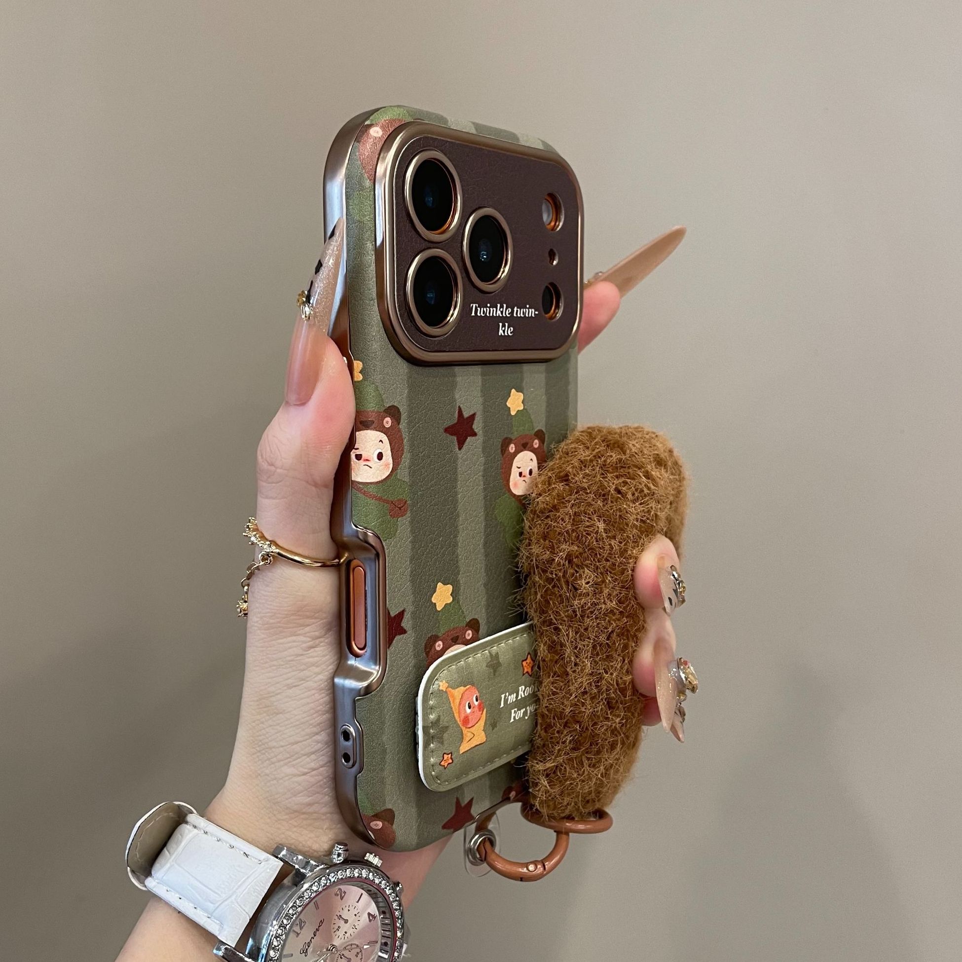 秋冬绿条纹星星人大视窗适用iPhone17pro手机壳16卡通15pm支架14