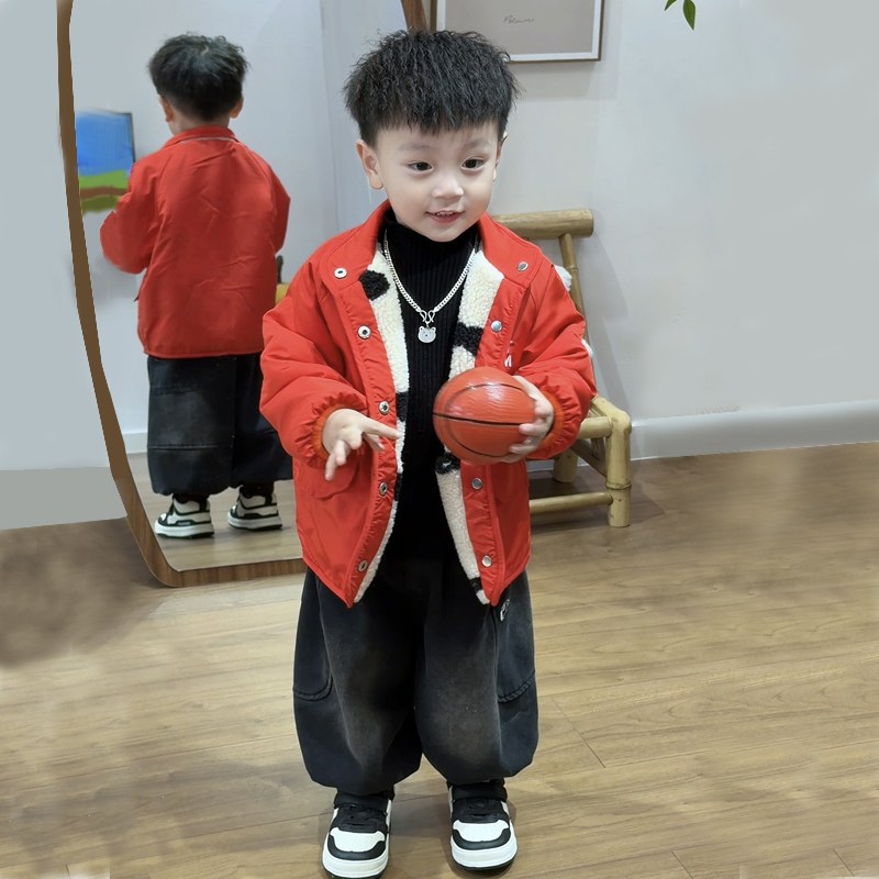 潮流帅气韩国童装男童加绒棉服冬季潮酷外套儿童红色两面穿过年服