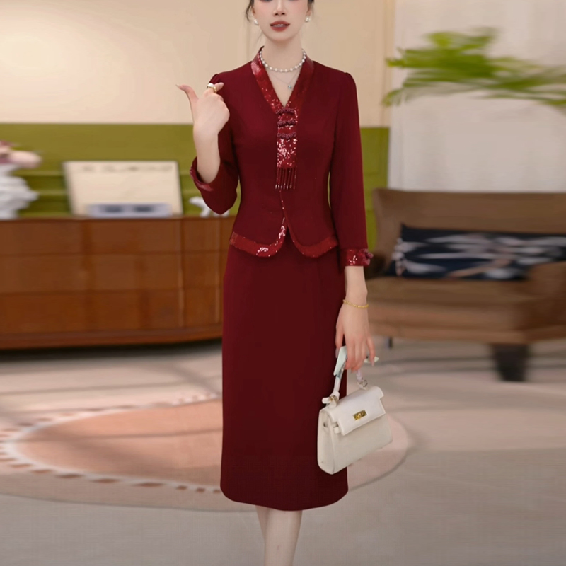 色织精纺结婚宴时尚女装2025秋季新款显瘦气质红色假两件连衣裙子