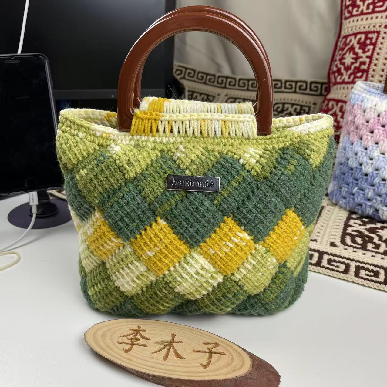 （非成品）绿野仙踪格子手提包包材料包手工diy钩织材料包手编8股线