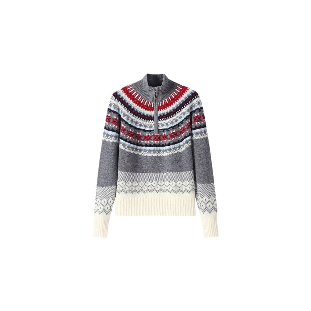 秋冬费尔岛撞色提花100%绵羊毛可翻领可立领高级保暖毛衣