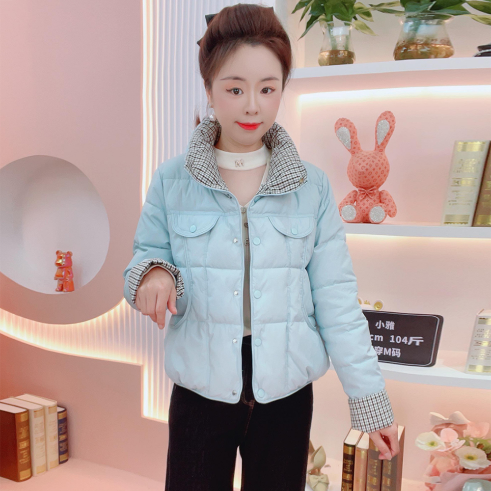 时尚格子拼接短款棉服外套女2025冬季新款洋气百搭加厚保暖外套潮