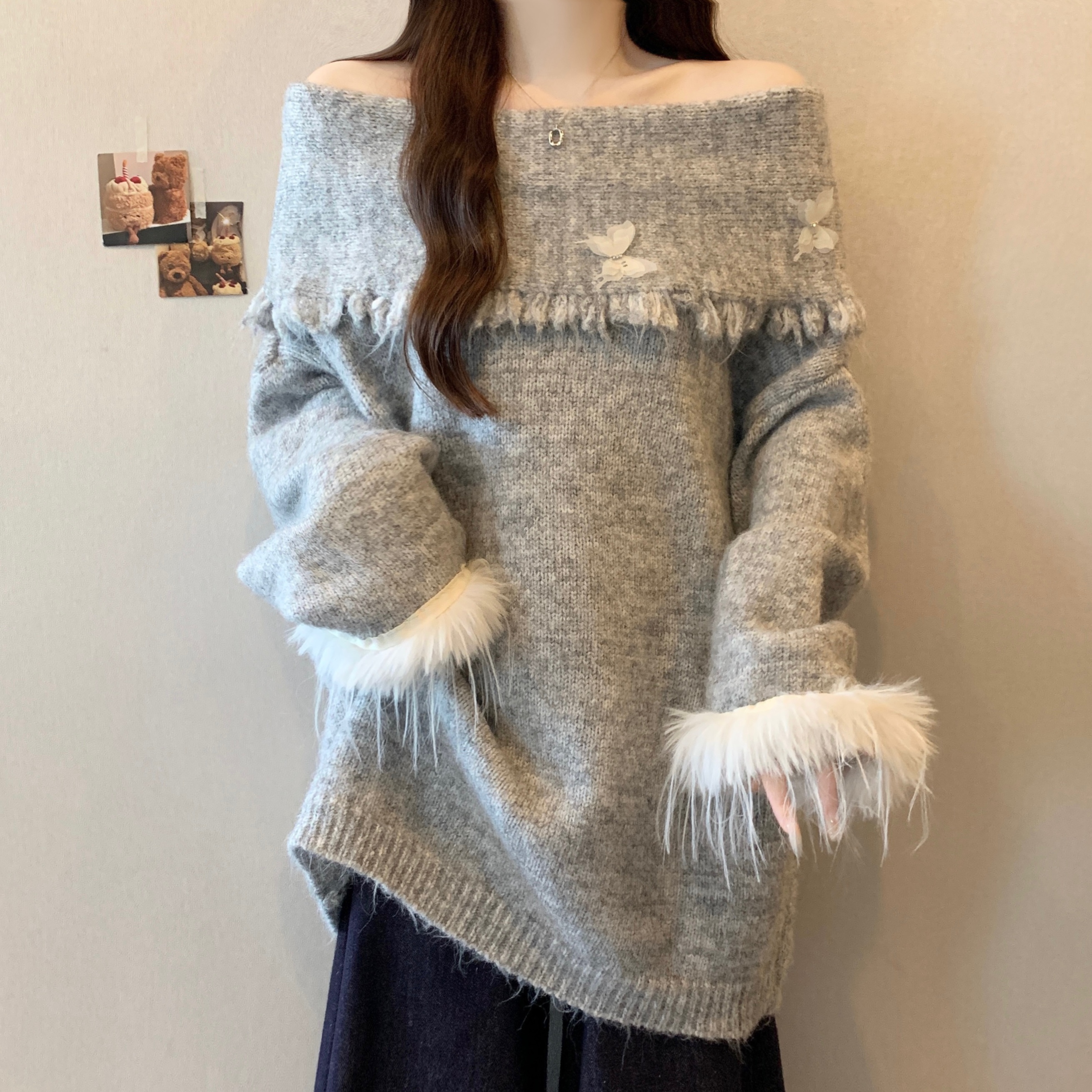 美拉德蝴蝶一字肩毛衣女秋冬2025新款大码胖mm宽松慵懒针织衫上衣