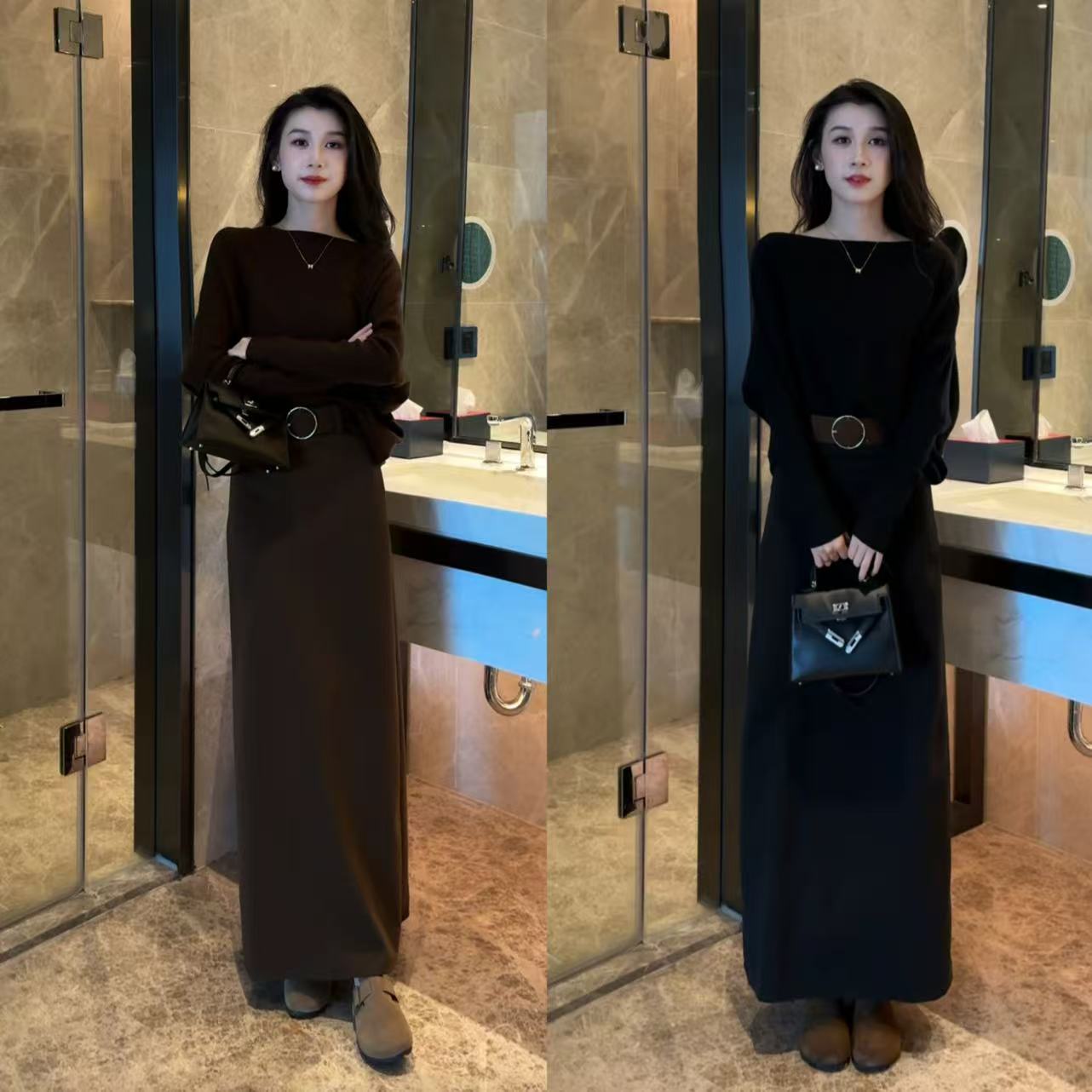 斜肩不规则下摆针织上衣+秋冬加厚直筒开叉高腰显瘦半身裙两件套