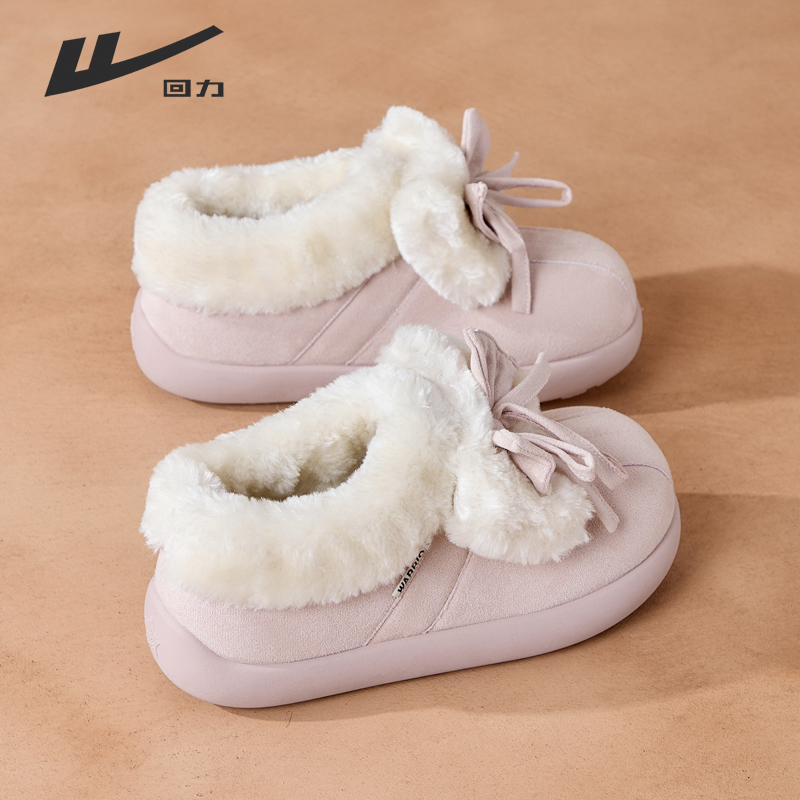 回力毛毛鞋女冬季加绒保暖棉鞋2025新款小众百搭可爱蝴蝶结雪地靴