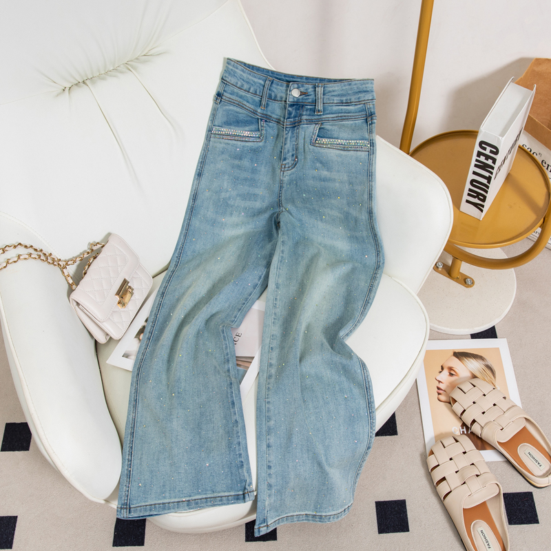 高腰喇叭裤女烫钻显瘦微喇牛仔裤直筒夏季外穿时尚烫钻宽松裤子
